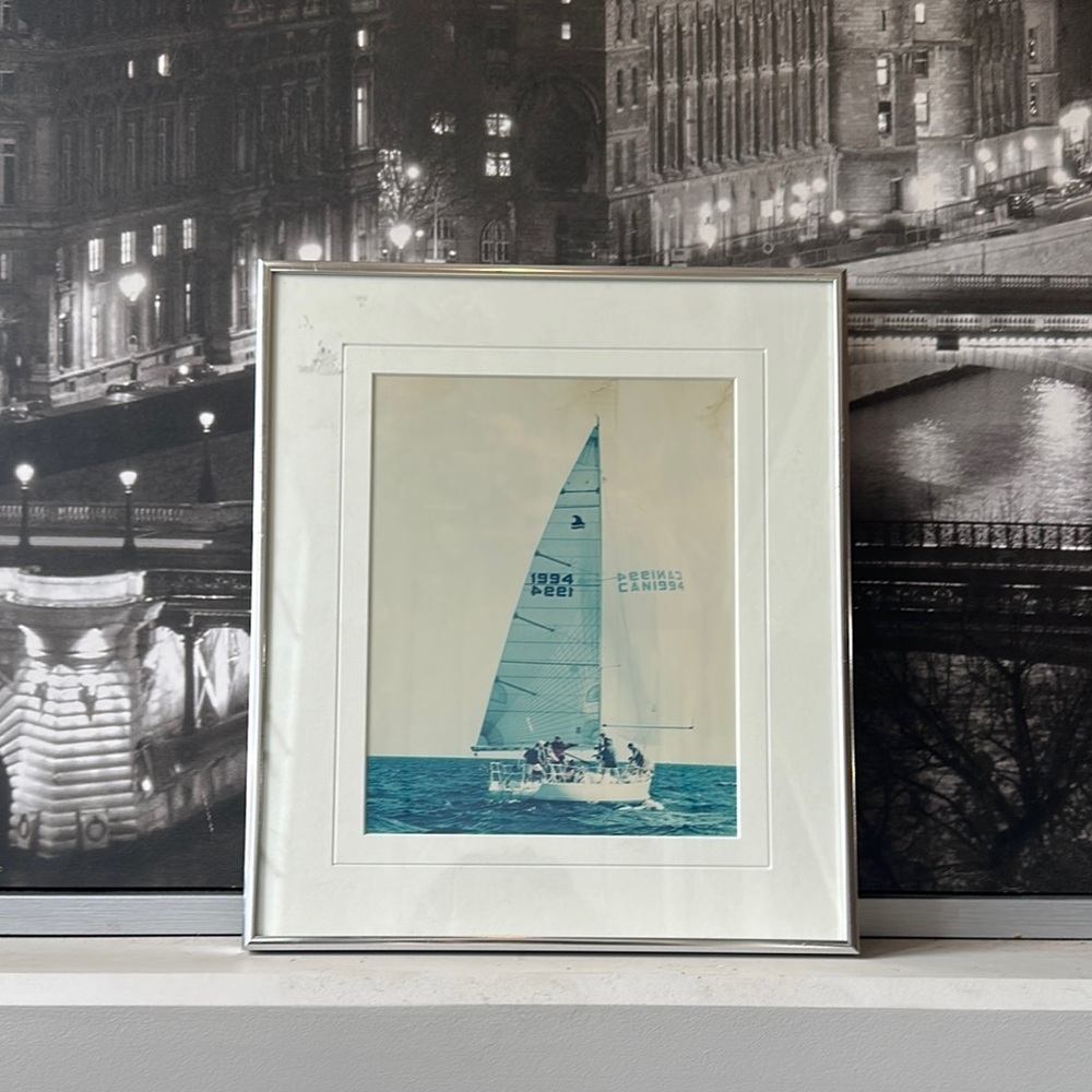 Vintage Blue Nautical Sailboat Photography Art In Silver Frame - Picture 1 of 17